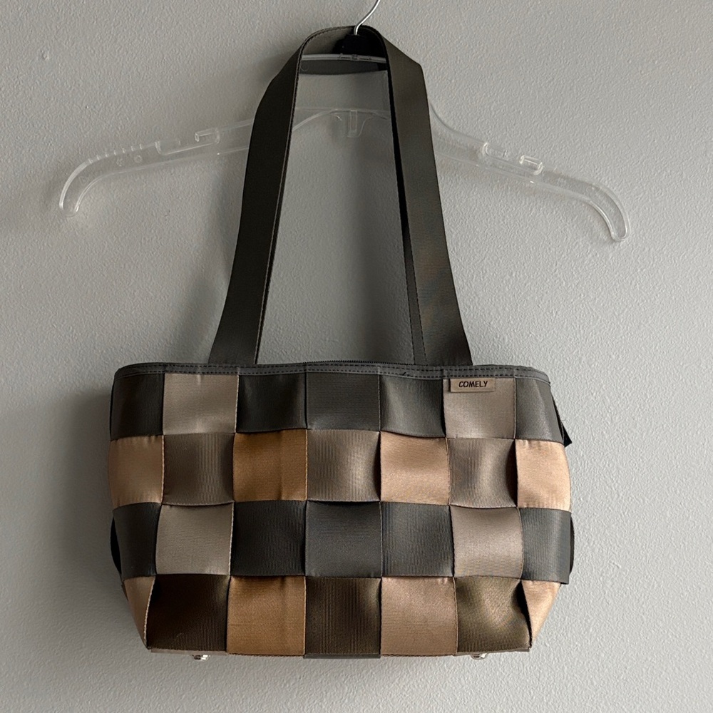 Comely Woven Seatbelt Tote Bag - Beige, Black, and Brown